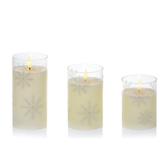 Set of 3 Flickabrights Christmas Snowflake Printed Glass Candles