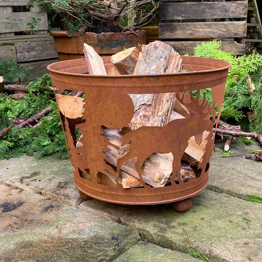 Woodland Stag Design Rust Fire Pit Bucket