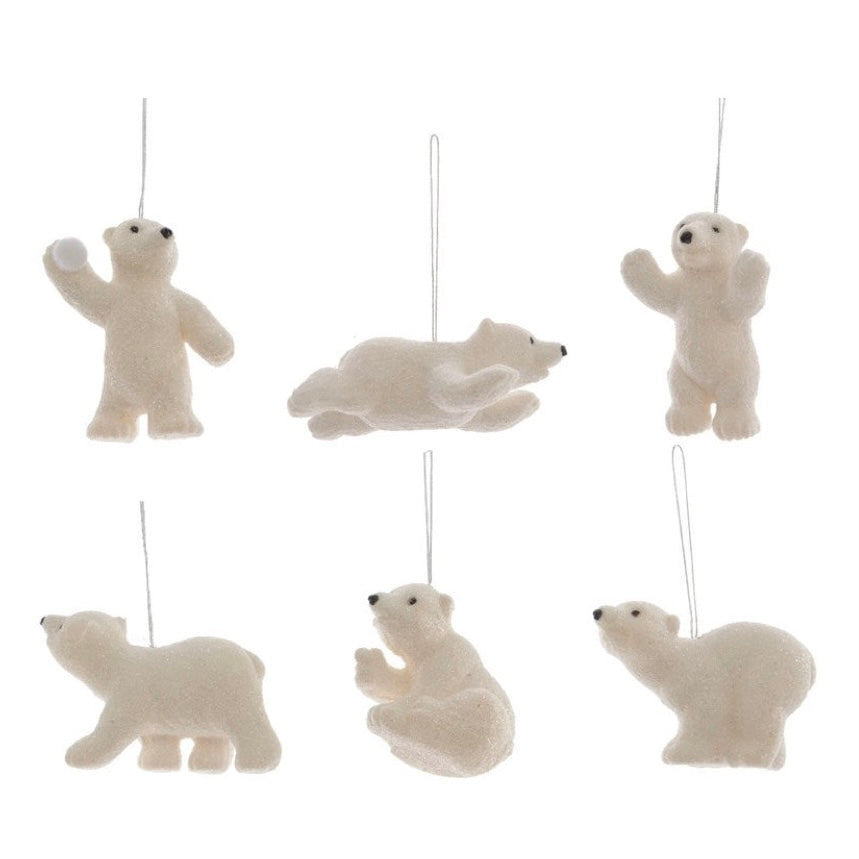 6 White Polar Bear Christmas Bauble Set