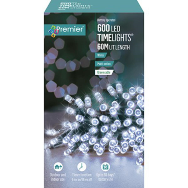 Premier TimeLights 600 White LED Battery Operated String Lights